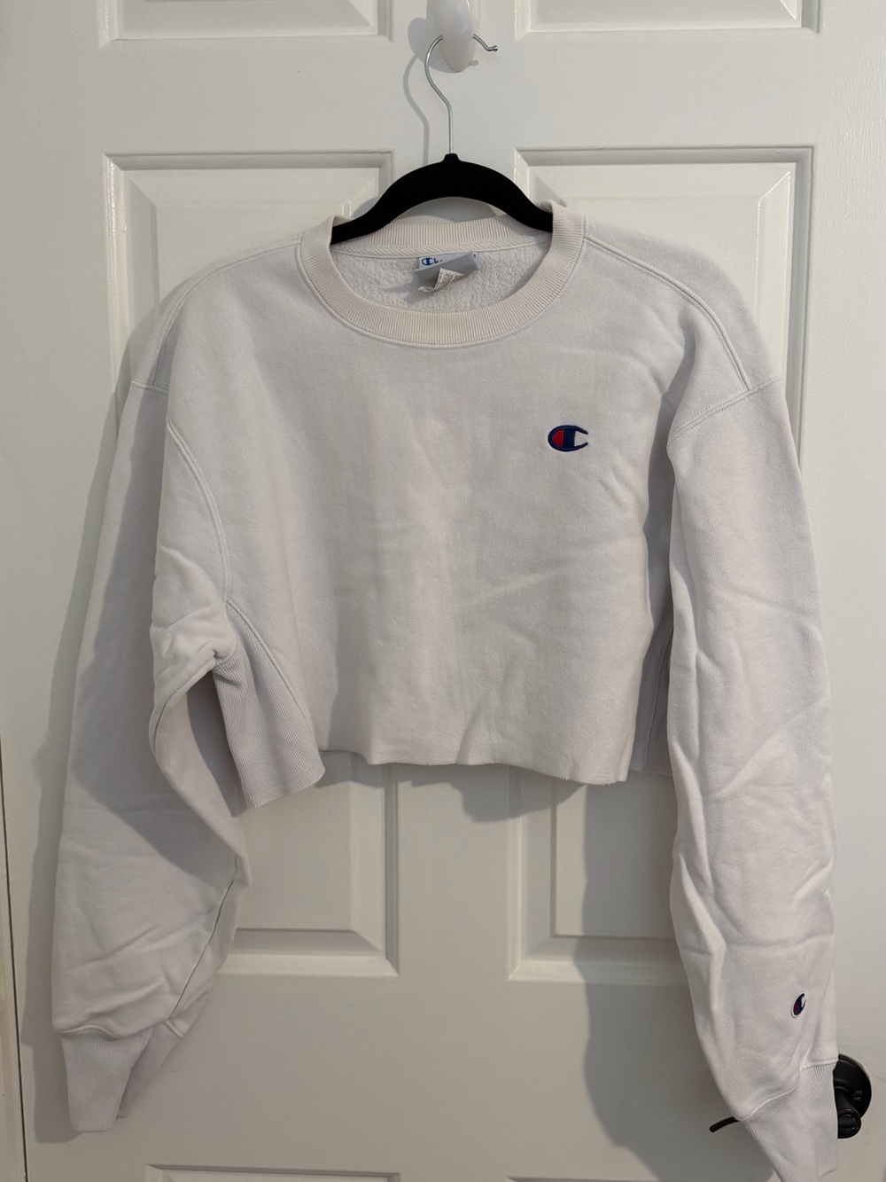 Champion White Cropped Crew Sweatshirt with Chest Logo